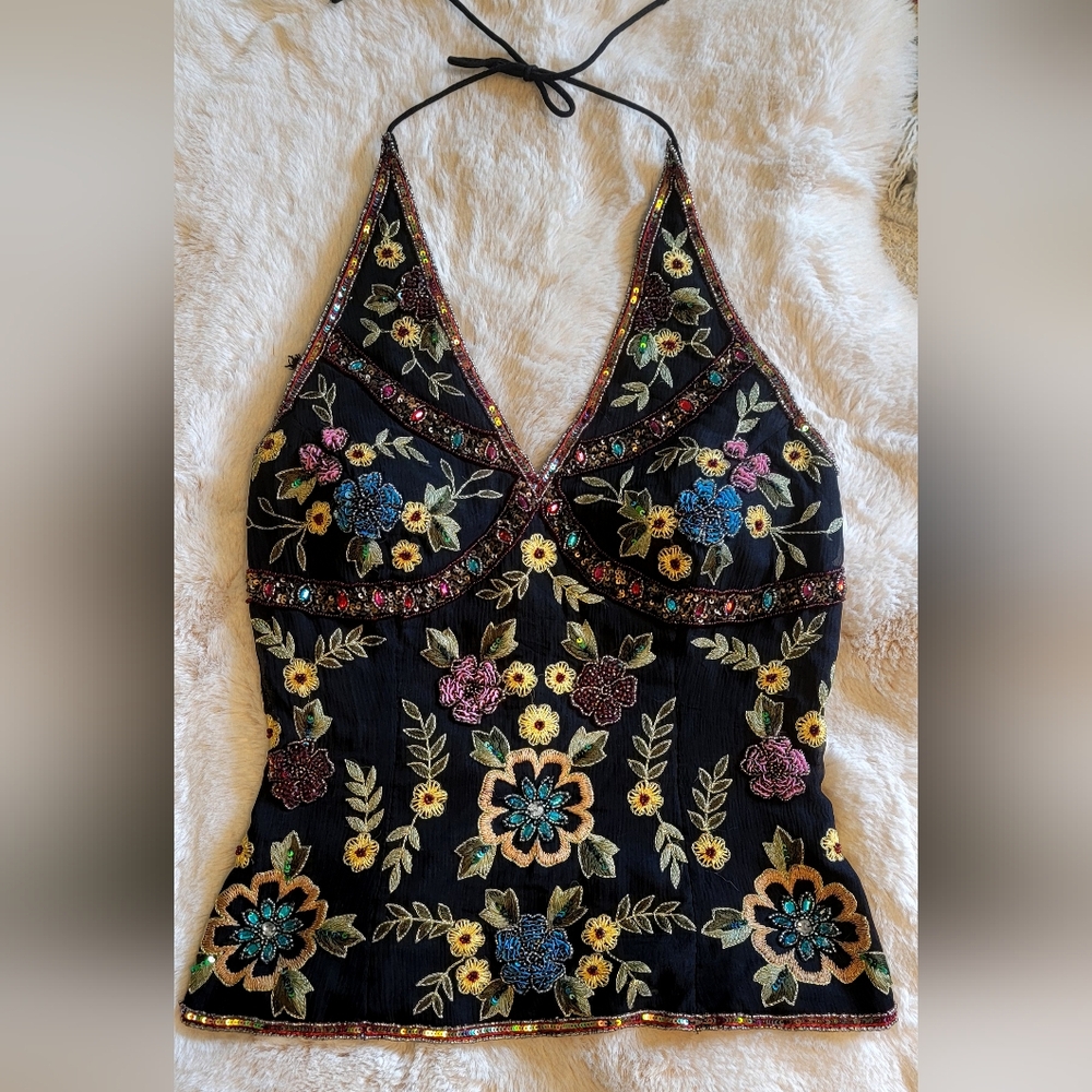 Vintage Aftershock floral embroidered and beaded halter top S